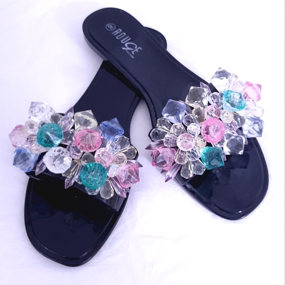 Rouge Helium Black & Colorful Gems Rhinestones Slides Size 9 Flats